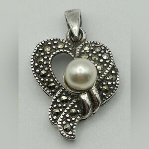 Marcasite and Faux Pearl Sterling Silver Heart Pendant